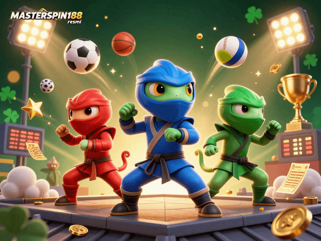 Engage with the thrilling action of MASTERSPIN188 resmi featuring ninja chameleons and sports elements in a dynamic casino scene.