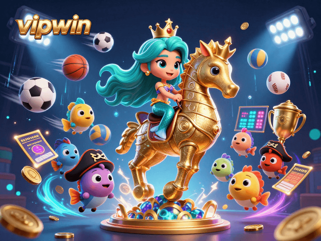 Experience excitement at vipwin with this vibrant 3D illustration of a casino scene filled with action.