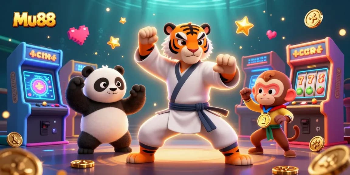 Mu88 showcases a vibrant scene with a kung fu tiger and panda, alongside a monkey stealing coins in a casino setting.