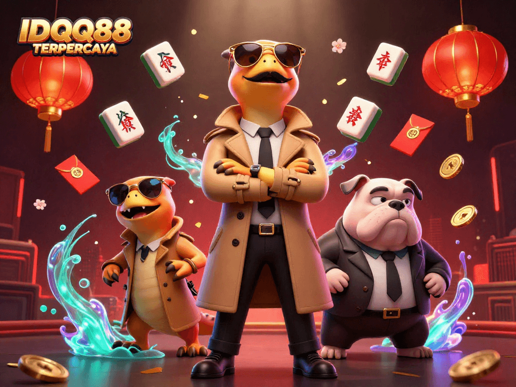 Engage with IDQQ88 TERPERCAYA in this vibrant scene featuring raptors in a trench coat trying to enter a VIP casino lounge.