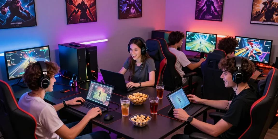 Playing game sex online with friends in a lively gaming room atmosphere.