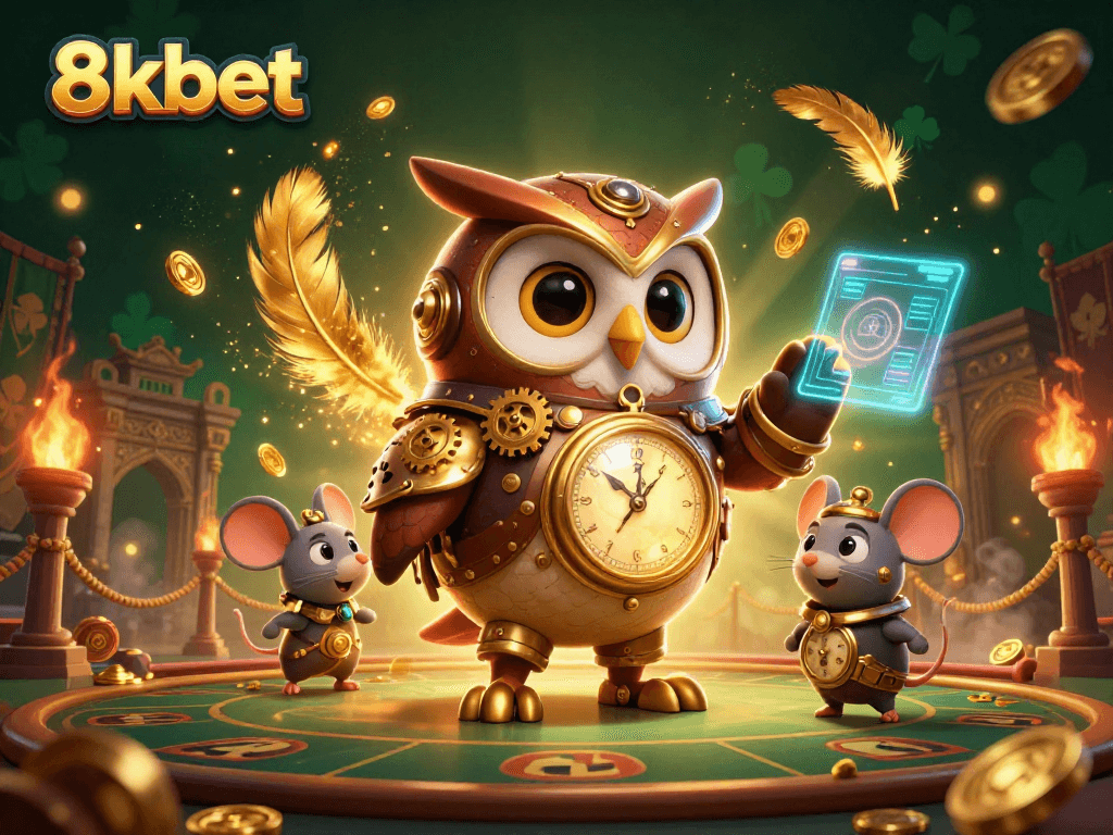 Engage with 8xbet's thrilling world of gambling featuring a time-traveler owl and dynamic casino elements.