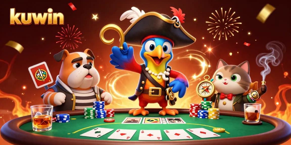 kuwin players strategize at a lively poker table with pirate characters and colorful chips