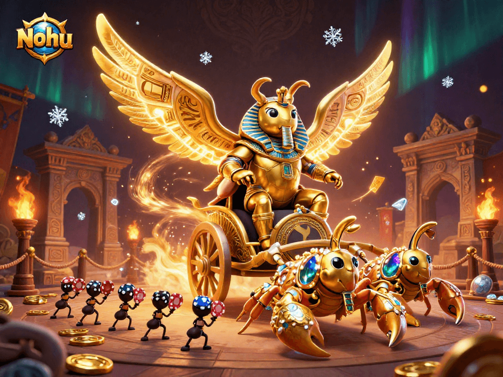 Nohu engages in vibrant casino atmosphere with golden creatures and poker elements.