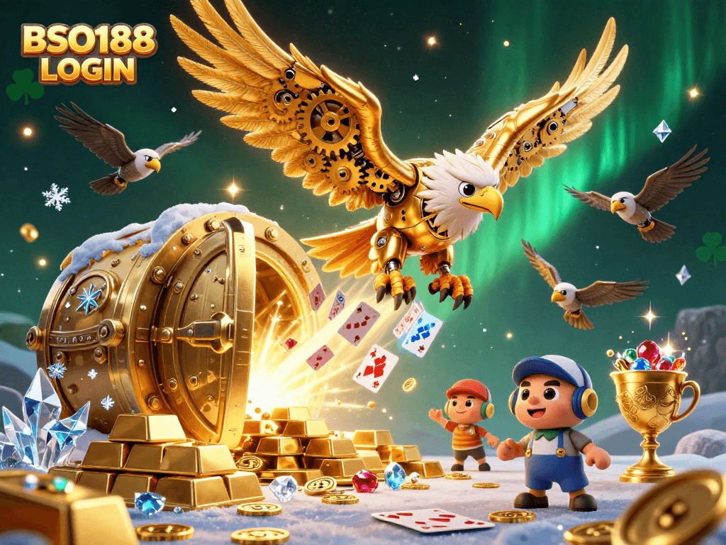 Experience the thrilling casino adventure with BSO188 LOGIN, featuring a cybernetic golden eagle and dynamic elements.
