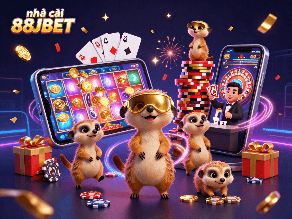 Engage in gaming excitement at nhà cái 88JBET with vibrant meerkats managing a dynamic casino scene.