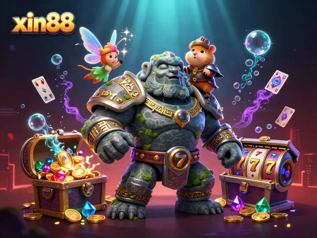 Engage in gaming action at xin88, featuring animated heroes and vibrant slot elements.