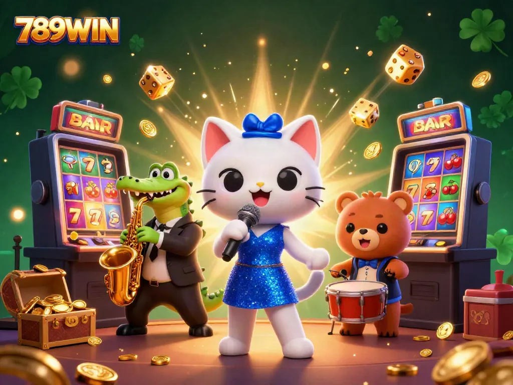 Engage in thrilling excitement with 789WIN as you experience a vibrant casino scene featuring a jazz-singer cat, a saxophone crocodile, and a bear cub drummer, surrounded by slot machines and jackpots.