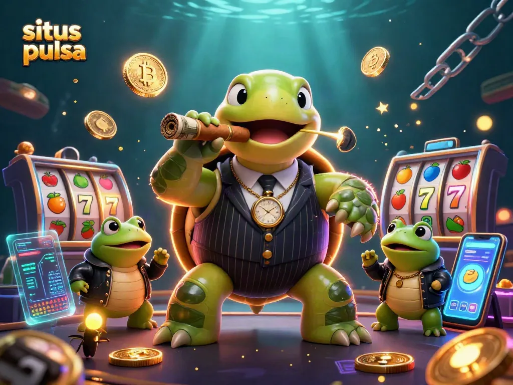 Experience the thrill of situs slot pulsa with a lively cartoon casino scene featuring a mobster turtle and playful bullfrog enforcers.