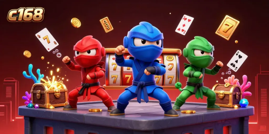 Experience exhilarating gaming action with c168's vibrant 3D illustration showcasing casino elements!