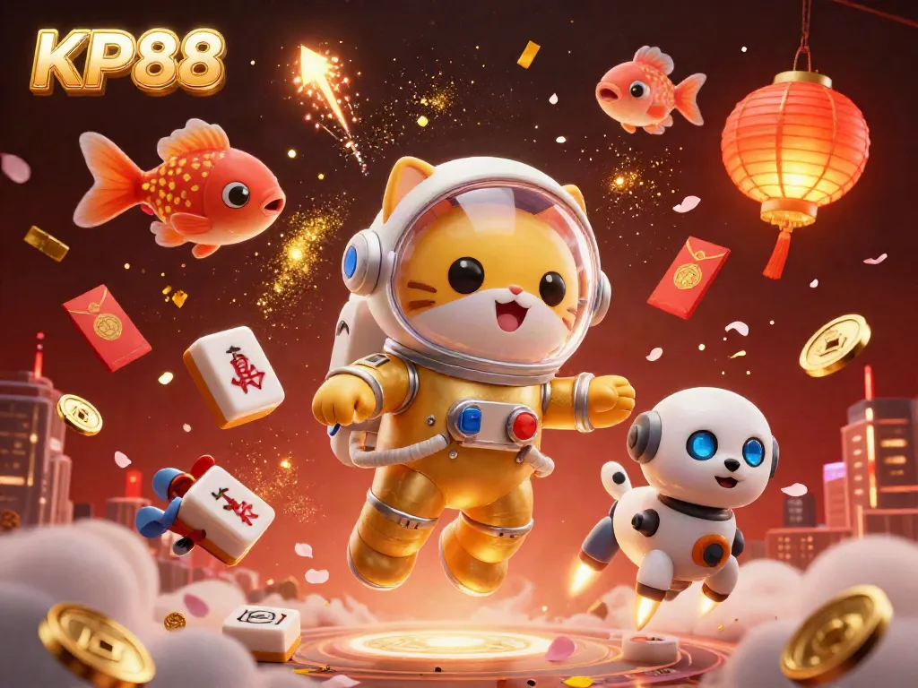 Play high-stakes games at KP88 with exciting elements, including a gambling-themed astronaut cat scene.