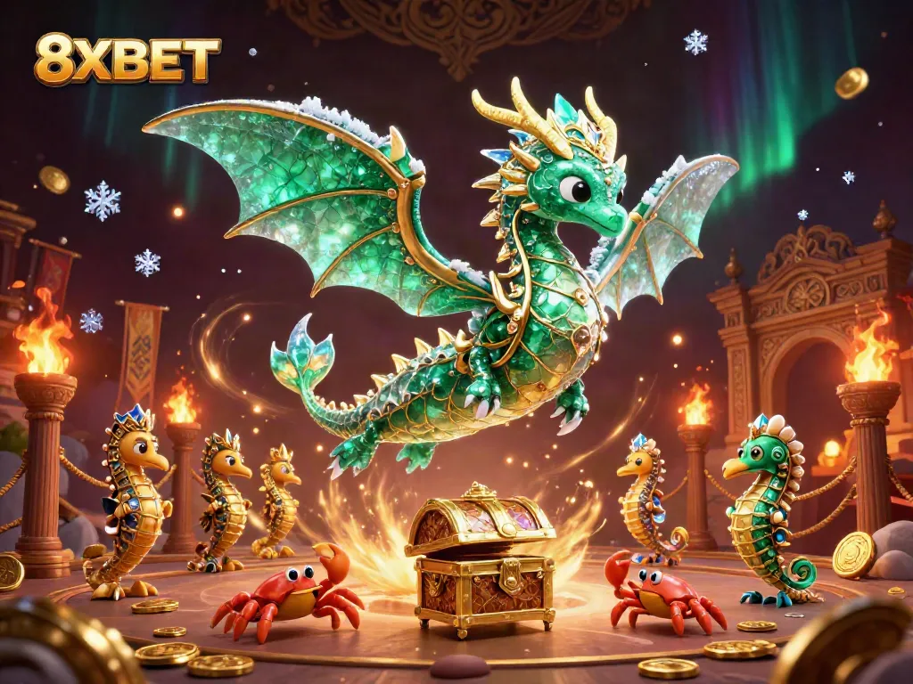 8XBET gaming scene featuring a majestic sea dragon, treasure chest, and dynamic casino elements.