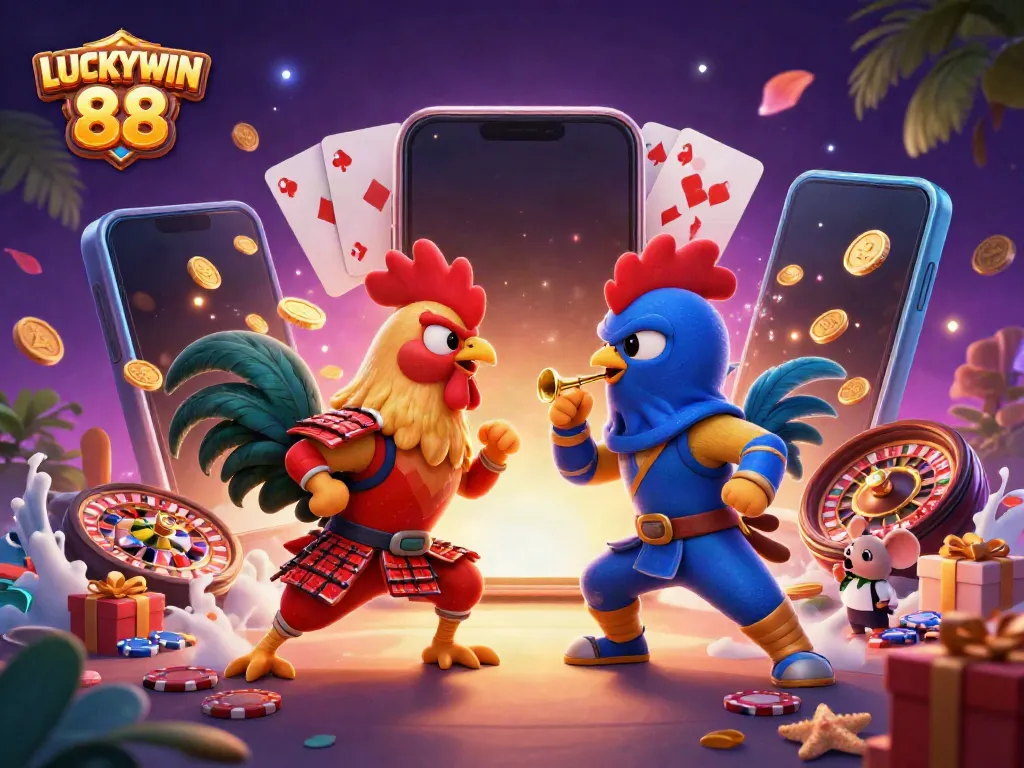 Luckywin 88 showcases a fierce duel between roosters under dynamic casino elements, highlighting an exciting gaming atmosphere.
