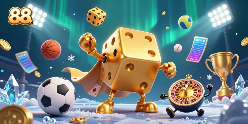 Experience the thrill of 88 kbet through dynamic casino elements and characters in this vibrant illustration.