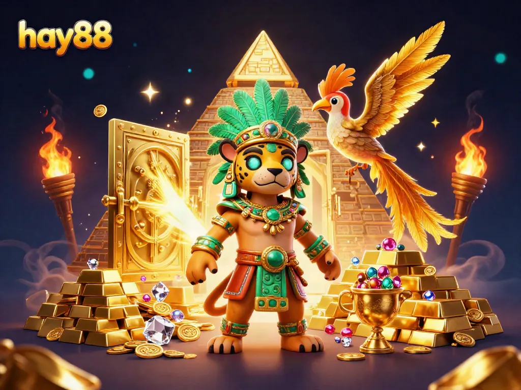 Experience the excitement of hay88 with a vibrant casino-themed illustration, showcasing gold treasures and dynamic characters.