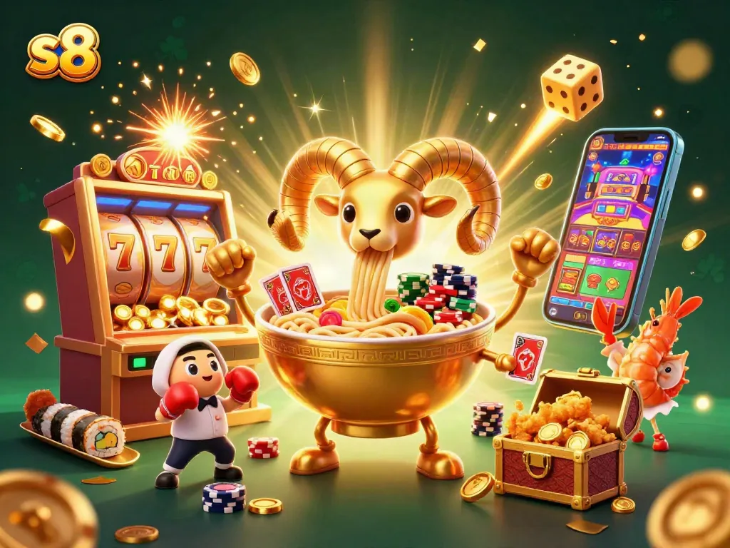 Engage in thrilling gameplay at s8 casino with our vibrant 3D illustration featuring slots and festive characters.