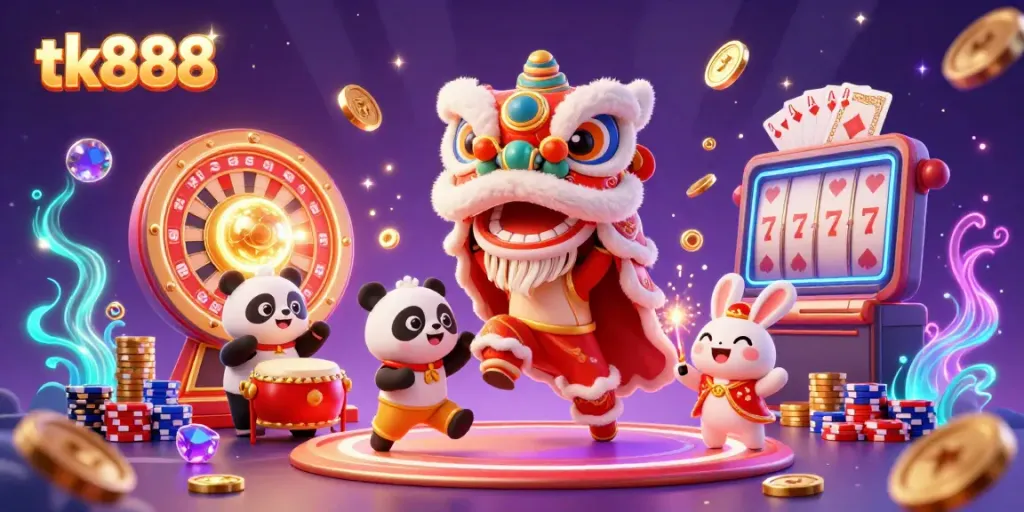 A dynamic tk888 illustration featuring a lion dance and casino elements celebrating winnings with radiant colors and festive characters.