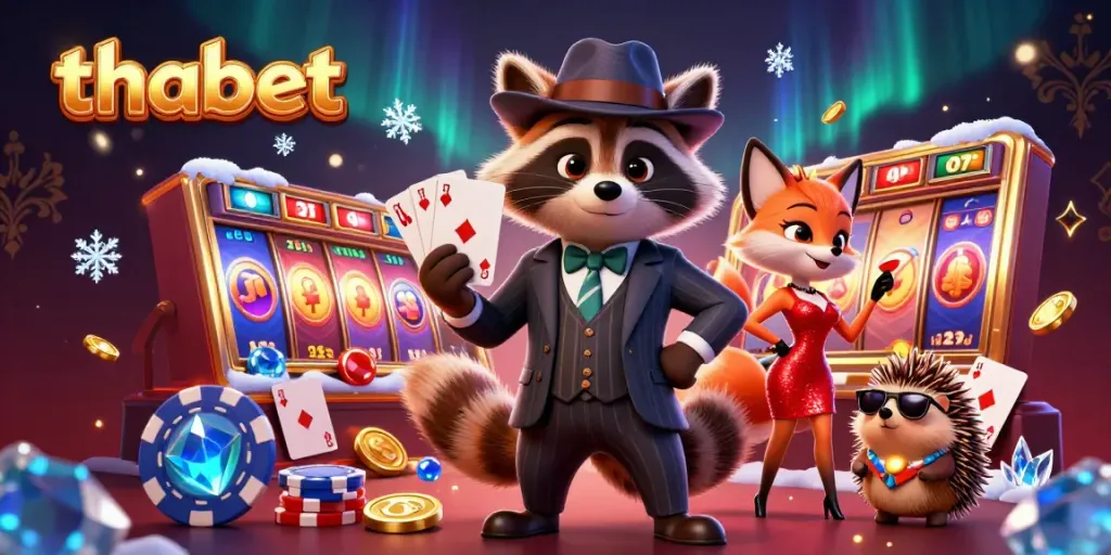 Experience vibrant casino excitement with thabet illustrated characters, slot machines, and dynamic gaming elements.