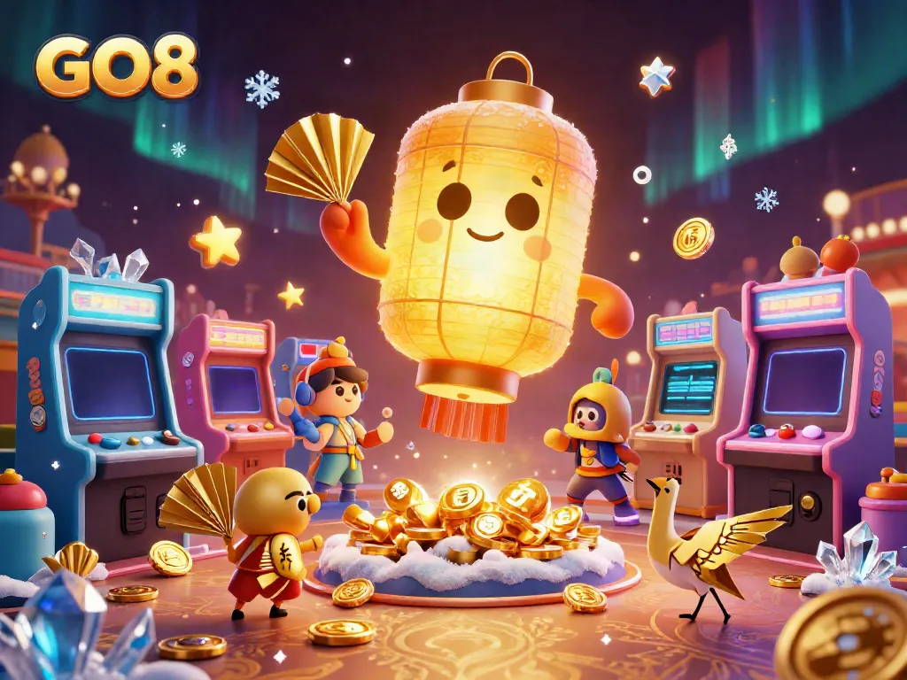 Engage with GO8's vibrant online gaming experience filled with golden lanterns and arcade thrills.