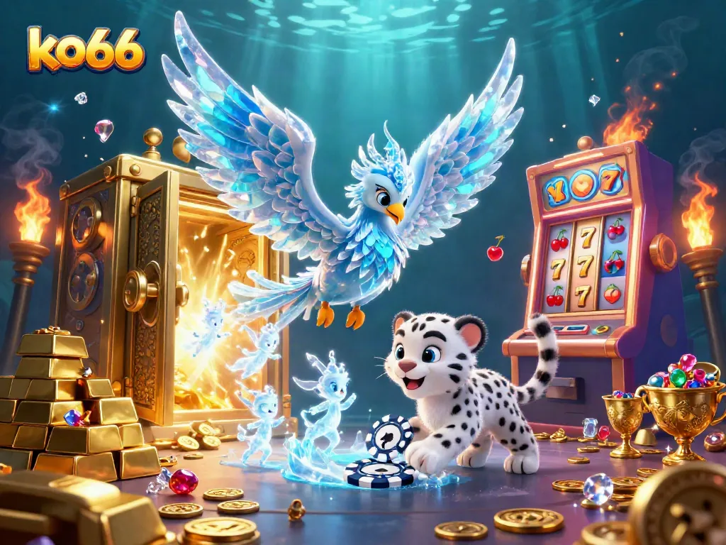 Spin the reels for jackpot wins with ko66, featuring a vibrant scene of a magical phoenix and treasures.