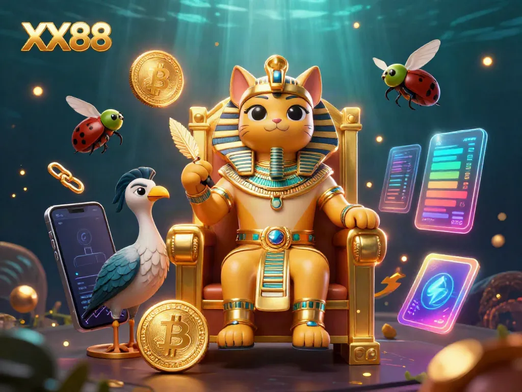 Experience thrilling winnings at XX88 with an ultra-detailed 3D casino illustration showcasing unique characters and gaming elements.