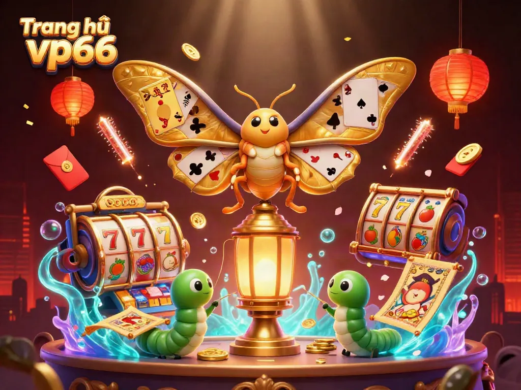 Experience casino excitement with Trang chủ vp66's 3D illustration featuring a mythical moth and slot reels.
