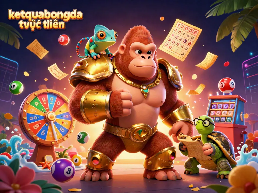 Engage with ketquabongda trực tuyến in this vibrant illustration featuring a victorious gorilla king, a color-changing chameleon, and a wise tortoise amidst lively lottery and casino elements.