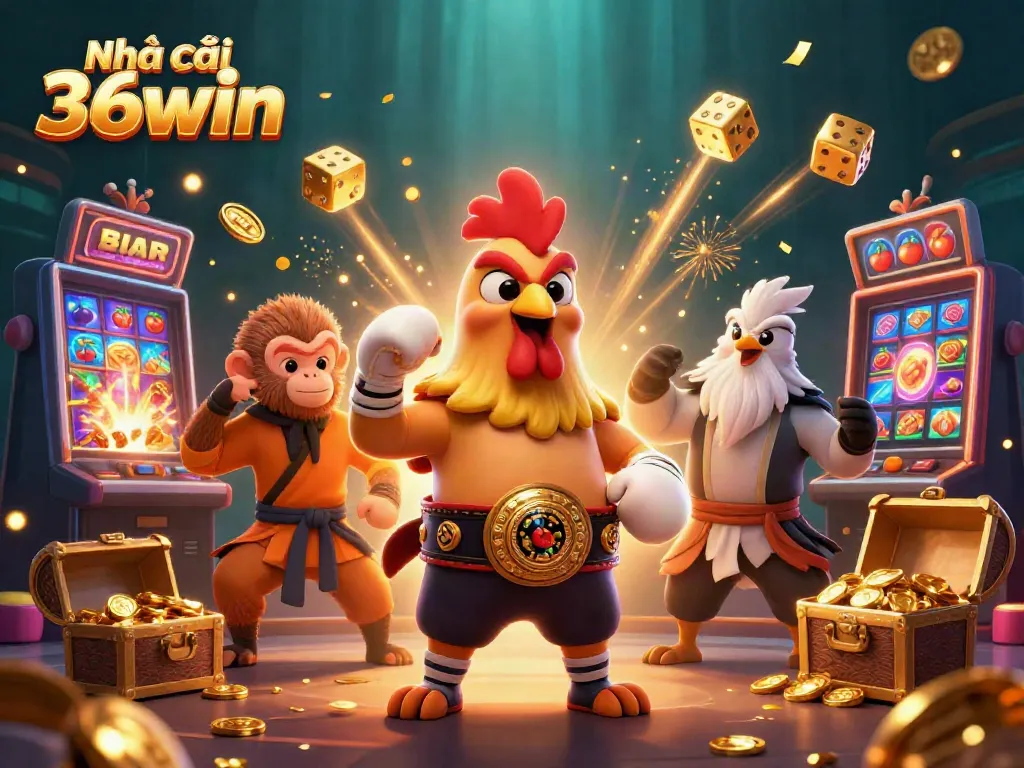Engage with Nhà cái 36win featuring a dynamic casino scene with characters celebrating jackpots and vibrant gaming elements.