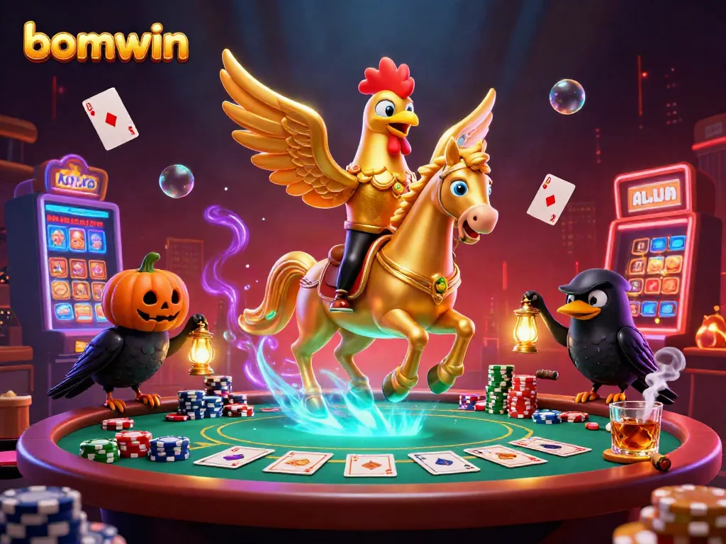 Experience vibrant casino energy with bomwin's fantasy scene featuring a golden rooster and festive elements.