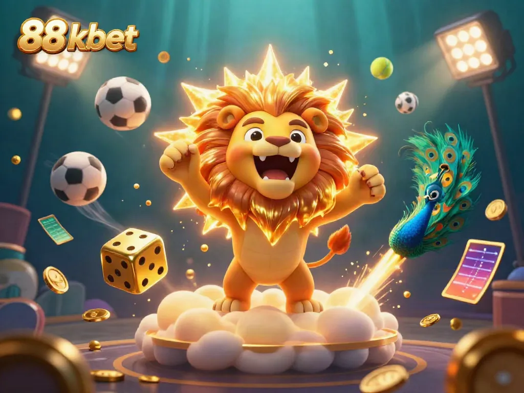 Bet on exciting games at 88 kbet with a vibrant, dynamic 3D illustration of a roaring lion and rolling dice.