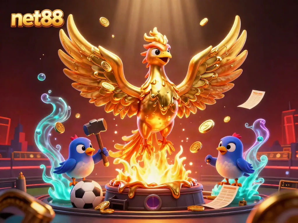 Experience exciting sports betting action with net88's golden phoenix emerging from molten gold