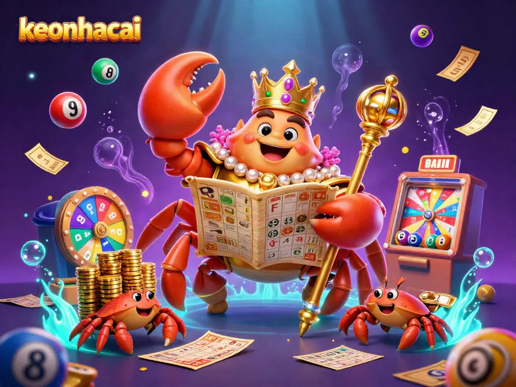 Engage with keonhacai through vibrant casino elements, featuring a golden crab character amidst lottery themes.