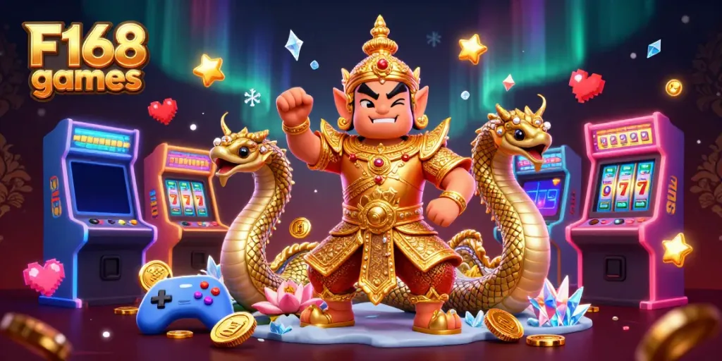 Experience F168 games with dynamic 3D characters and vibrant casino elements in a captivating illustration.