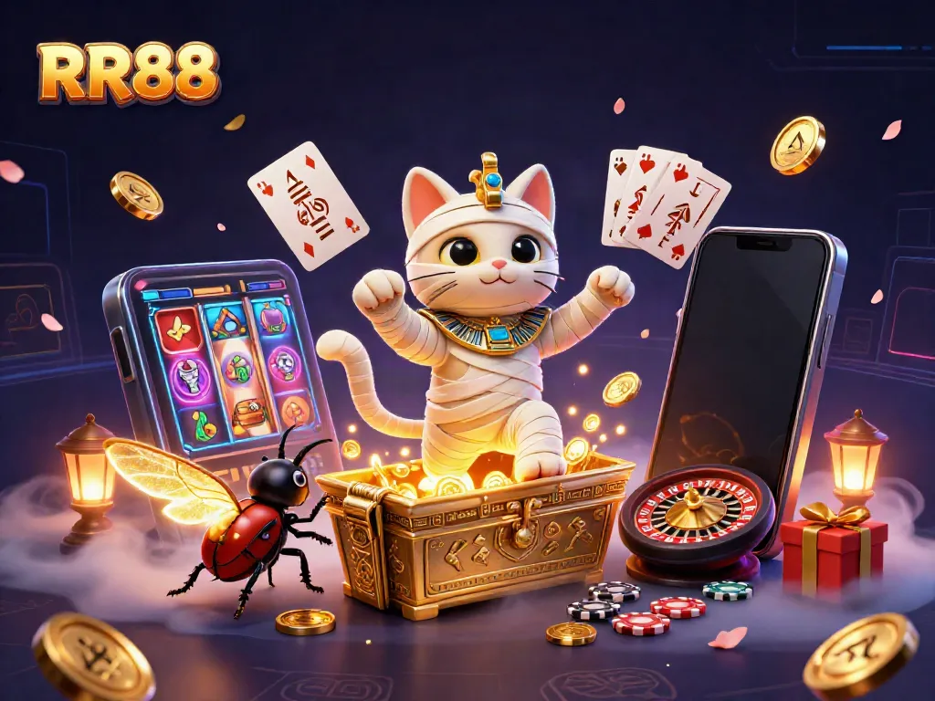 A dynamic scene with RR88 logo featuring a 3D cartoon mummy cat, a scarab beetle, and slot game elements.