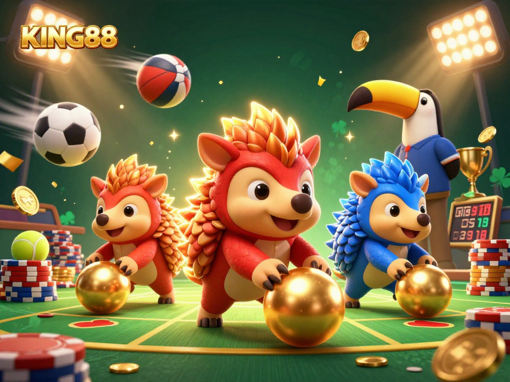 Experience the excitement of KING88 with dynamic pangolins in a vibrant casino scene filled with tokens.