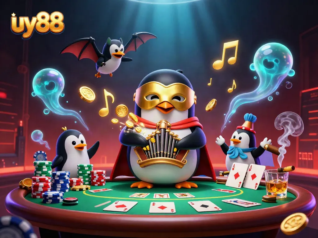 Experience thrilling wins with uy88, a vibrant online casino scene featuring a majestic penguin organist.