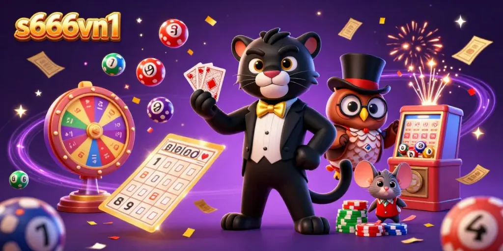 Join the excitement at s666vn1 with a stylish panther dealing cards amidst colorful lottery elements.