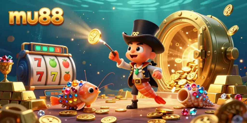 Catch thrilling wins at mu88 with a vibrant underwater casino scene featuring joyful characters and sparkling treasures.