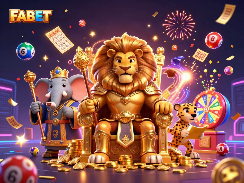 FABET betting experience illustrated with a lion king and dynamic game elements for exciting gameplay.