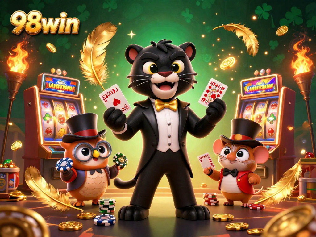 Experience thrilling gameplay at 98win with stylish characters engaging in lively card games and vibrant slot machines.