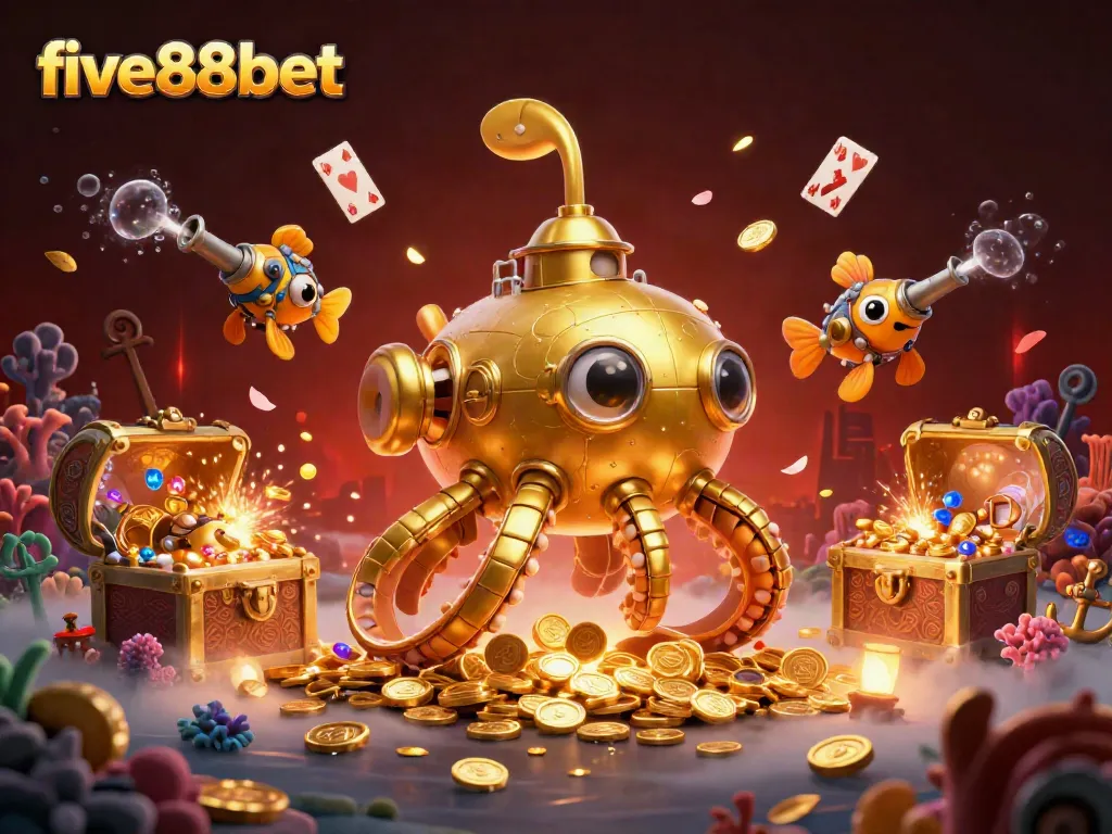 Join the excitement at five88bet, where a golden kraken submarine and mechanical fish immerse players in a vibrant casino adventure.