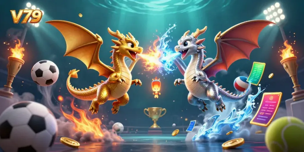 Experience the thrilling synergy of fire and ice with v79's captivating 3D dragon duel.