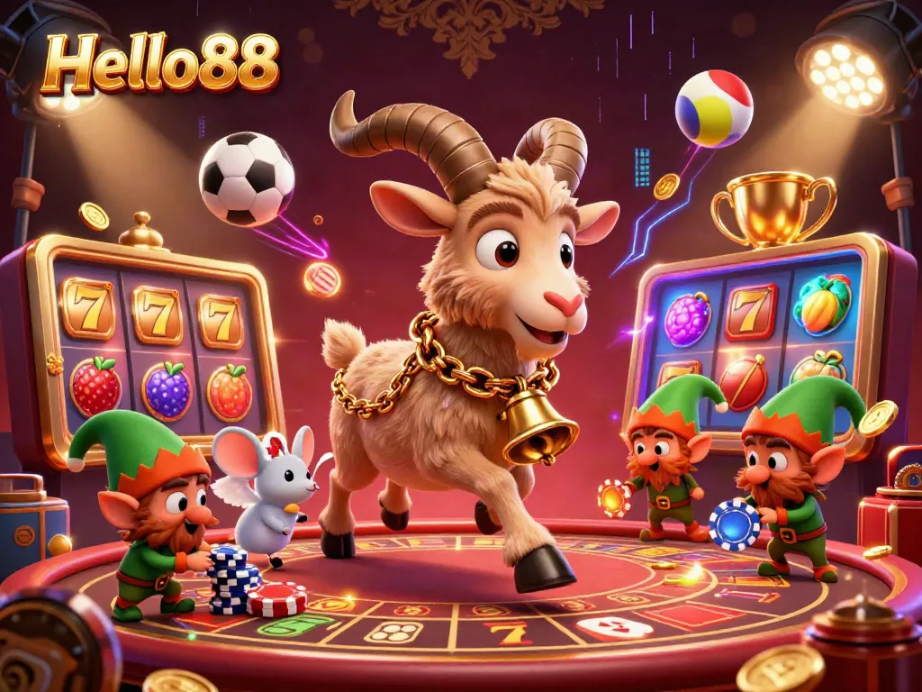Hello88 showcases an exciting, festive casino scene with Krampus goat, angel mouse, and elf gremlins in action.