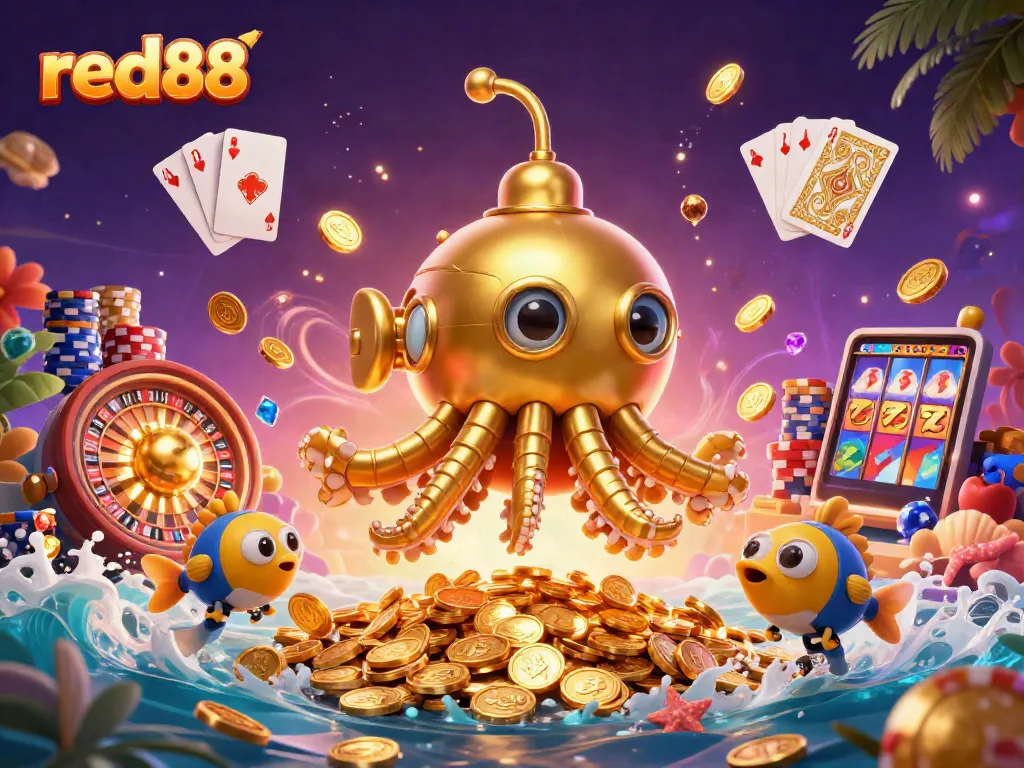 Experience the thrill of red88 with a captivating scene of a kraken submarine amidst golden coins and casino elements.