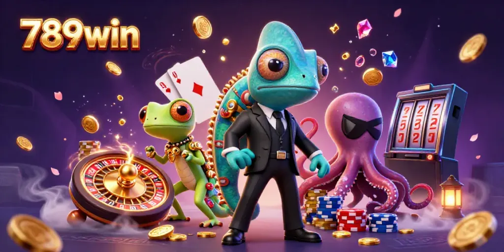 Experience thrilling wins with 789win, as a heroic chameleon and clever gecko navigate a colorful casino adventure.