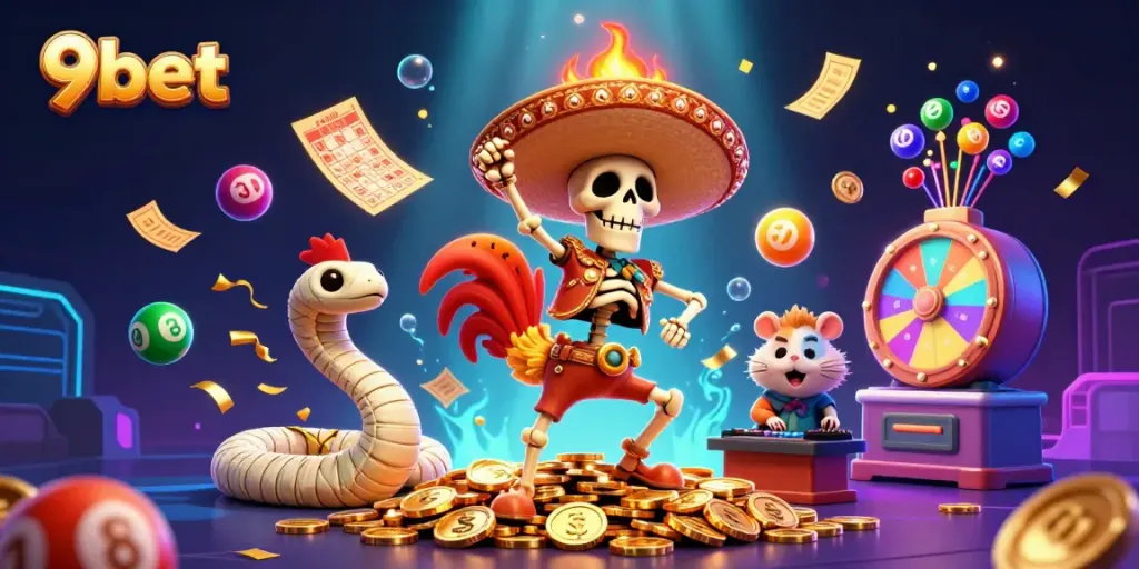 Win big with 9bet in a vibrant casino scene featuring playful characters and lottery elements.