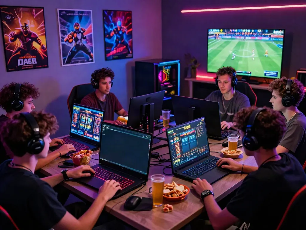 Diverse friends enjoying slot games at DA88 online platform during a vibrant gaming night.