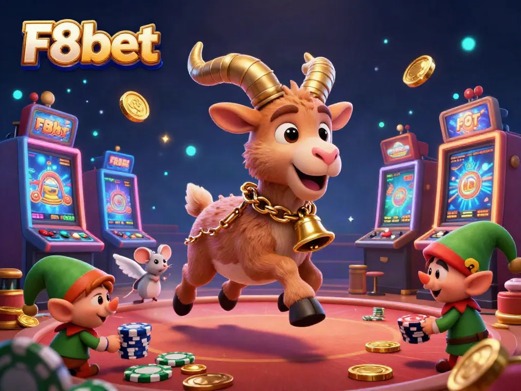 Experience F8bet excitement with a whimsical casino scene featuring Krampus, angel mouse, and elf gremlins.
