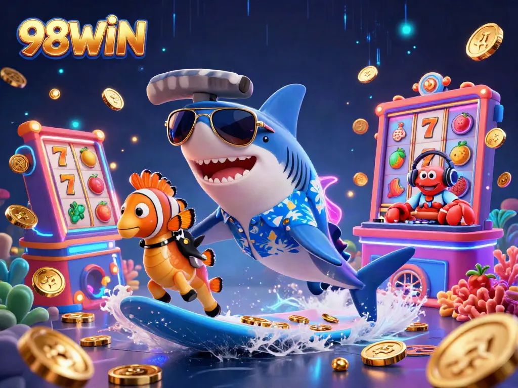 Experience 98WIN's vibrant casino adventure with a cheerful shark, tuxedo clownfish, and DJ crab amidst a treasure of slot gaming