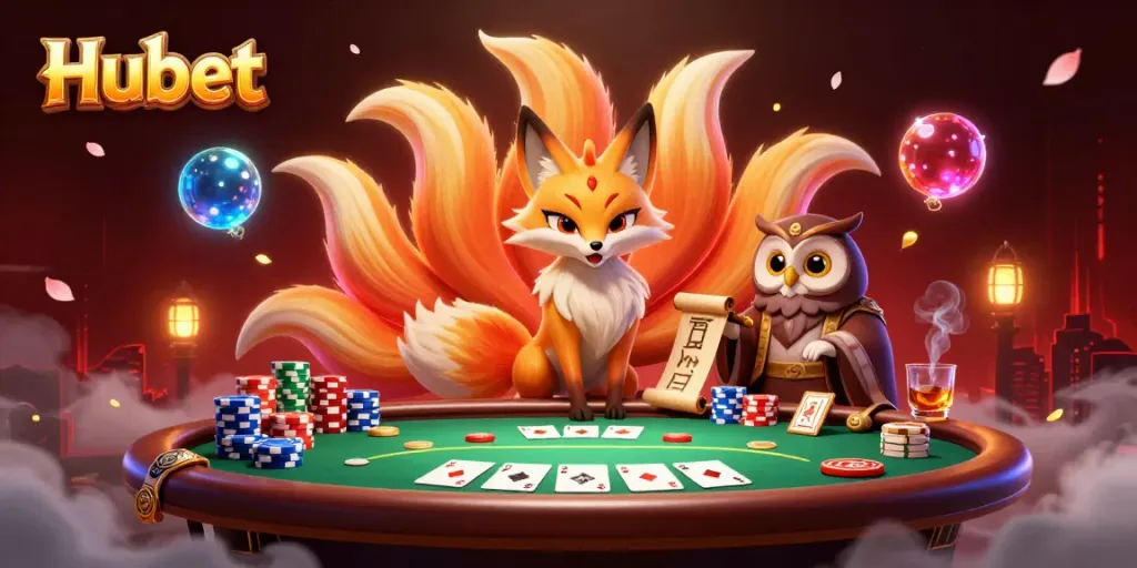 Experience thrilling poker action with the mythical Hubet fox spirit and wise owl sage in this vibrant casino illustration.